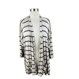 IC Connie K L Oatmeal Blue Stripe Open Drape Front Knit Topper Cardigan